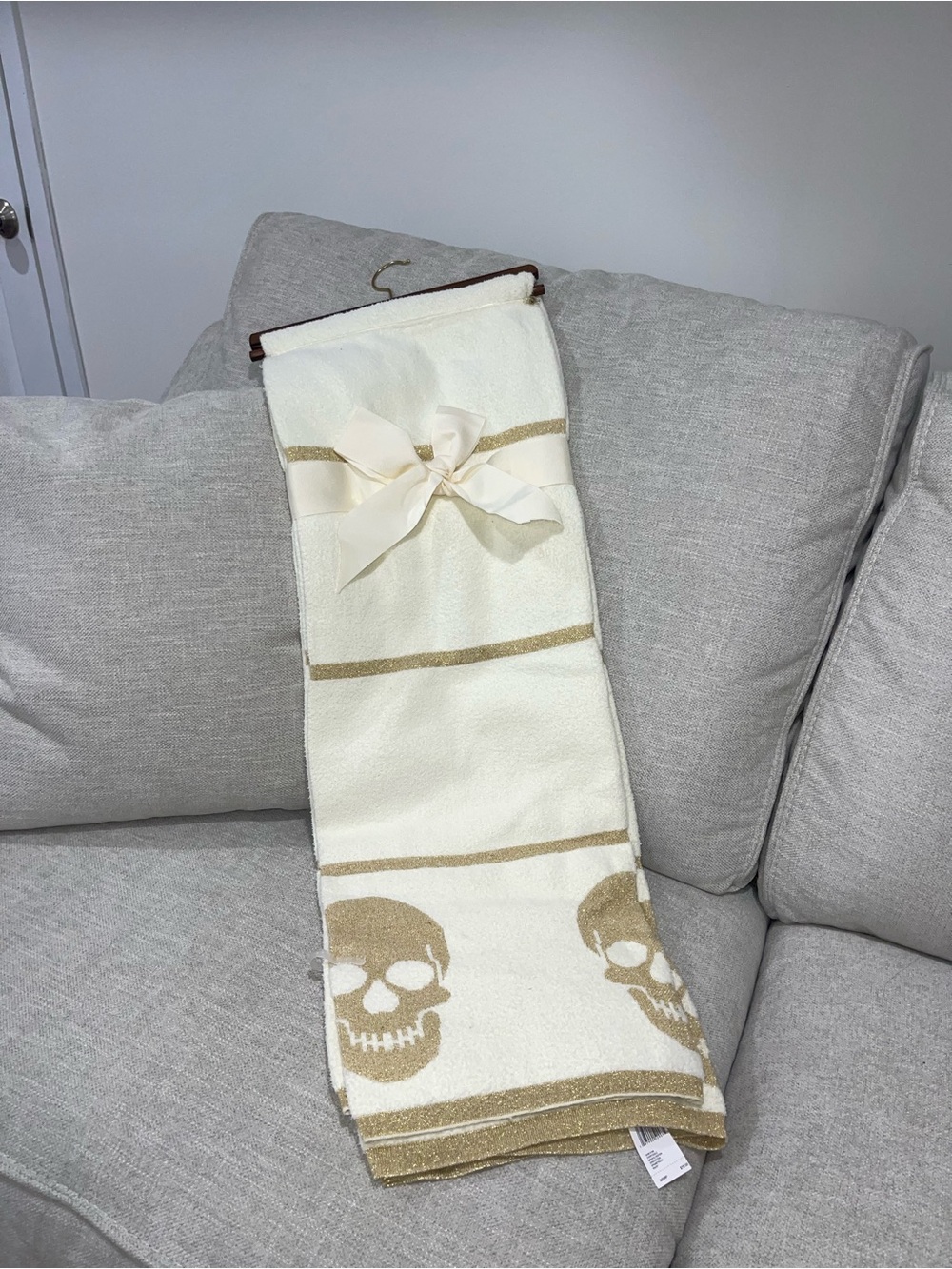 Magaschoni White Throw with Metallic Gold Skull Motif